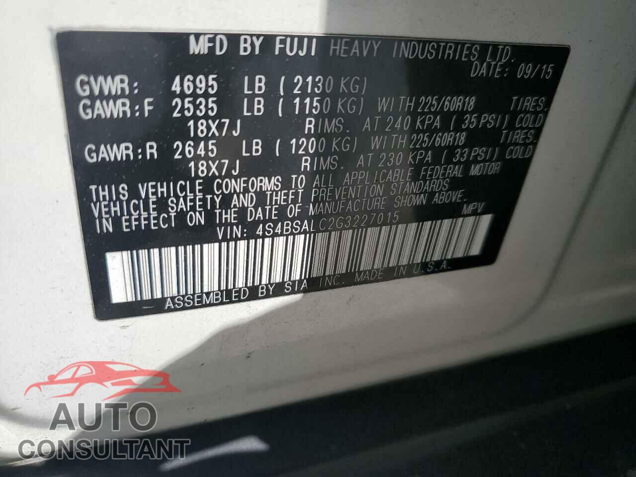 SUBARU OUTBACK 2016 - 4S4BSALC2G3227015