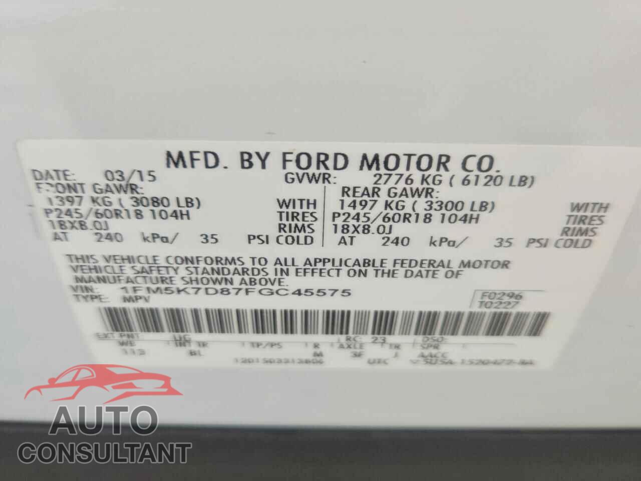 FORD EXPLORER 2015 - 1FM5K7D87FGC45575