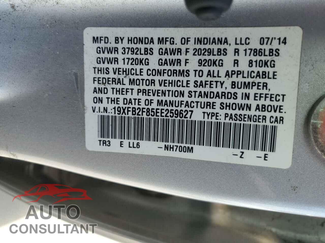 HONDA CIVIC 2014 - 19XFB2F85EE259627