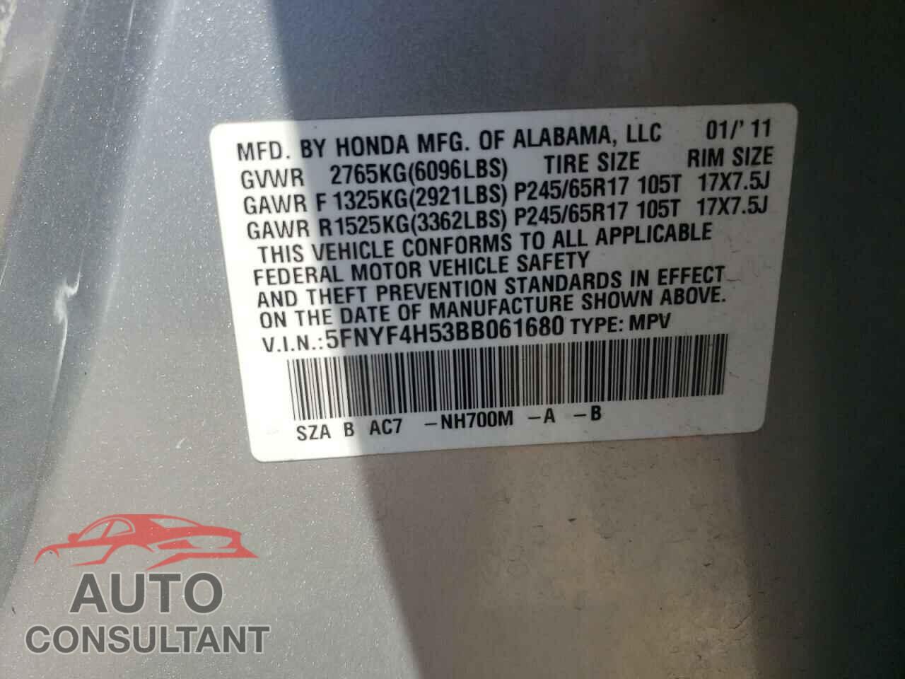 HONDA PILOT 2011 - 5FNYF4H53BB061680