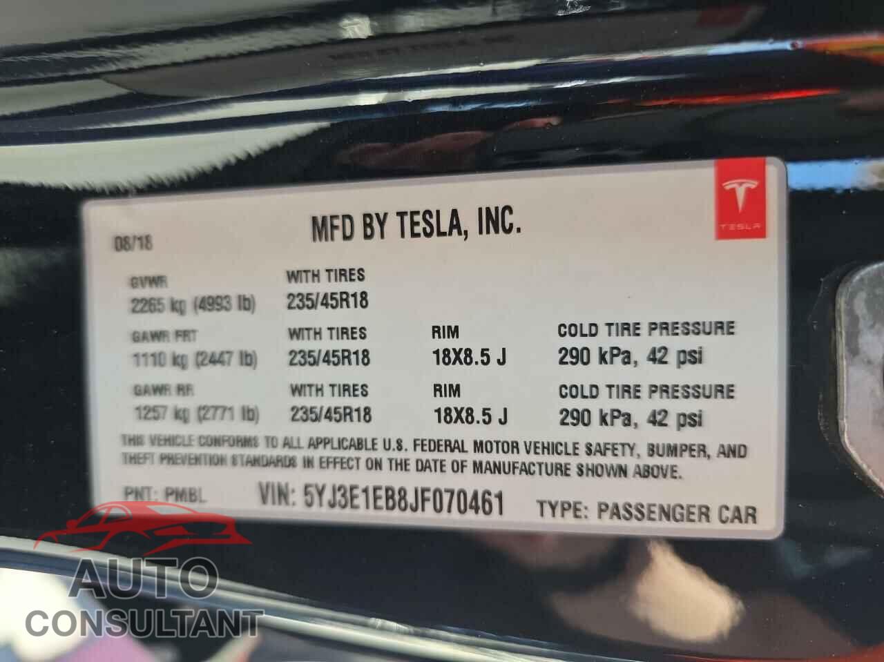 TESLA MODEL 3 2018 - 5YJ3E1EB8JF070461