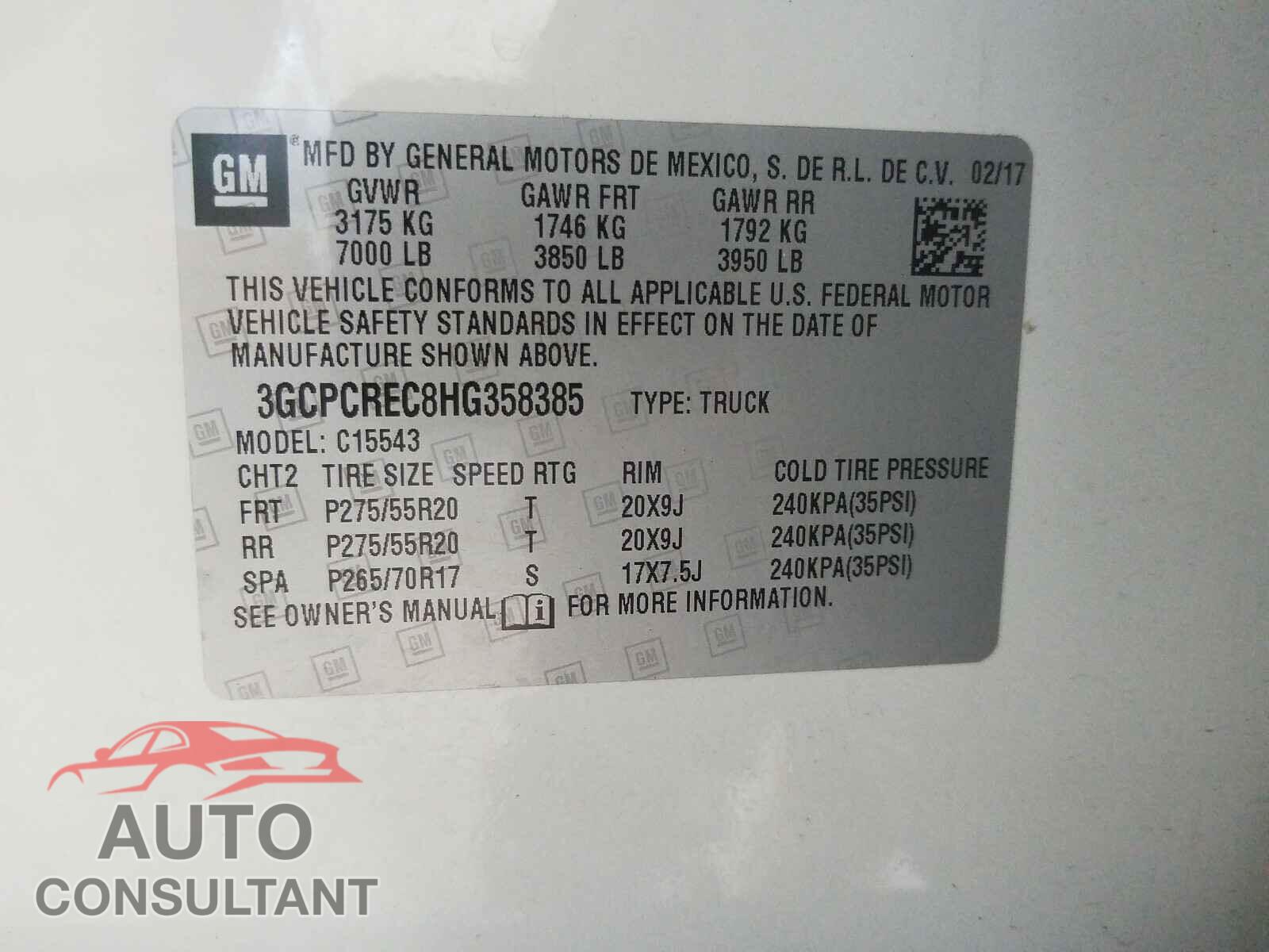 CHEVROLET SILVERADO 2017 - 3GCPCREC8HG358385