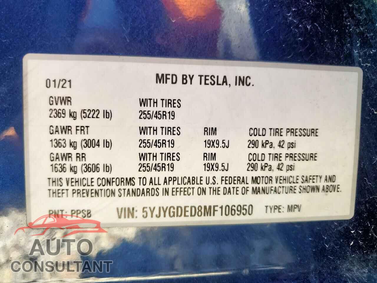 TESLA MODEL Y 2021 - 5YJYGDED8MF106950