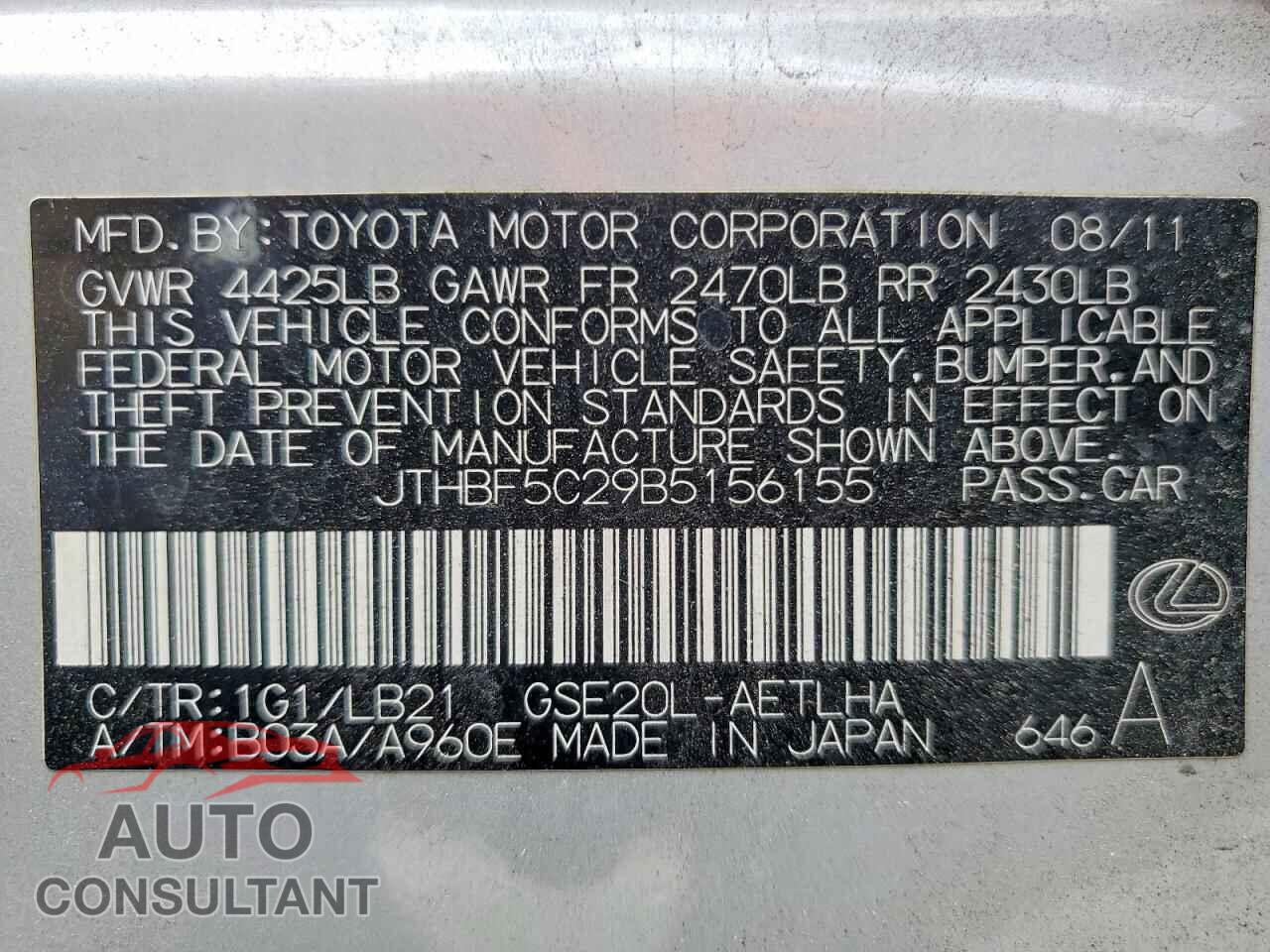 LEXUS IS 2011 - JTHBF5C29B5156155