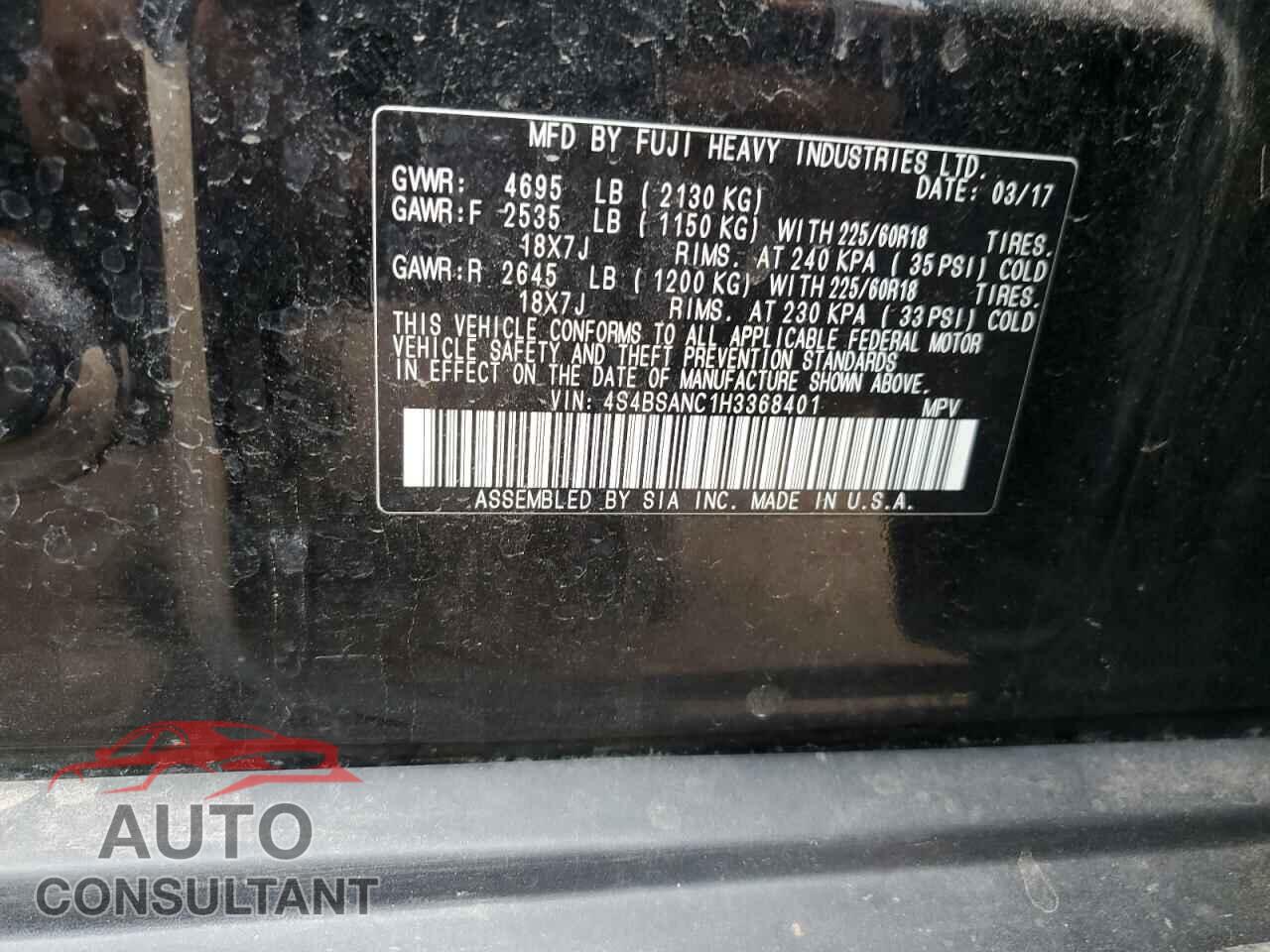 SUBARU OUTBACK 2017 - 4S4BSANC1H3368401