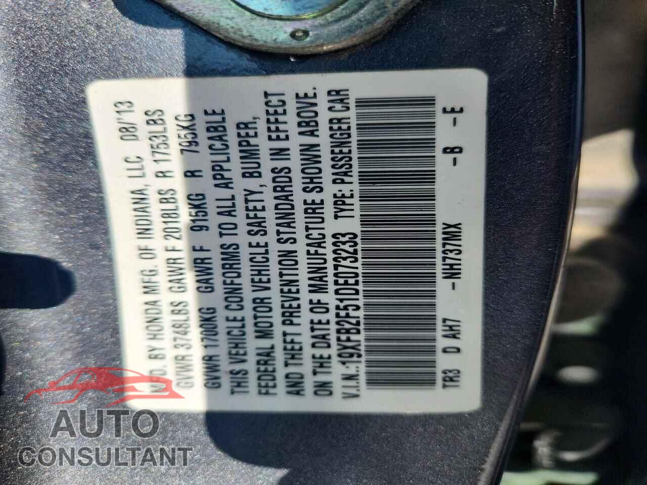 HONDA CIVIC 2013 - 19XFB2F51DE073233