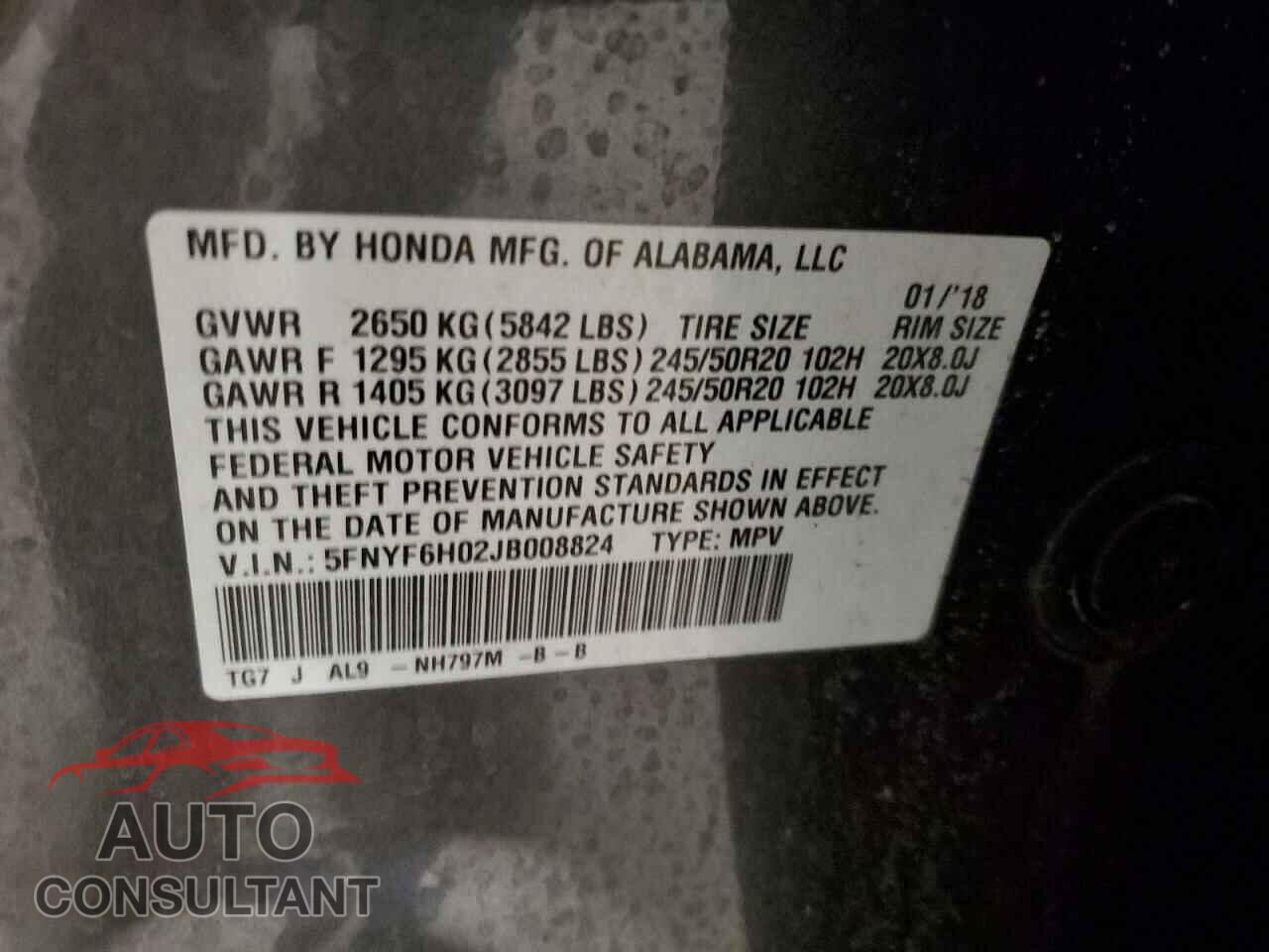 HONDA PILOT 2018 - 5FNYF6H02JB008824