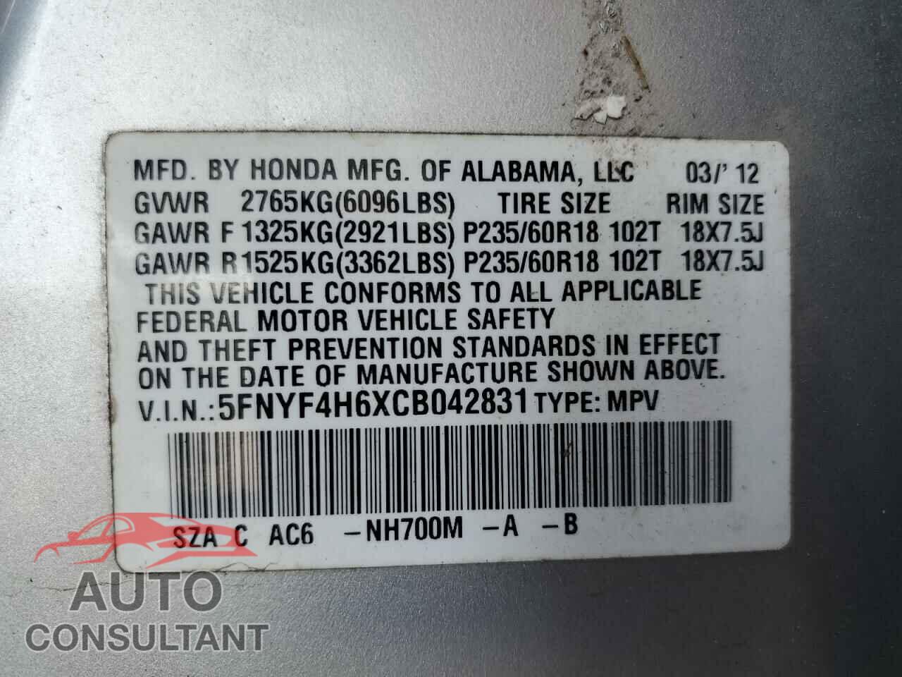 HONDA PILOT 2012 - 5FNYF4H6XCB042831