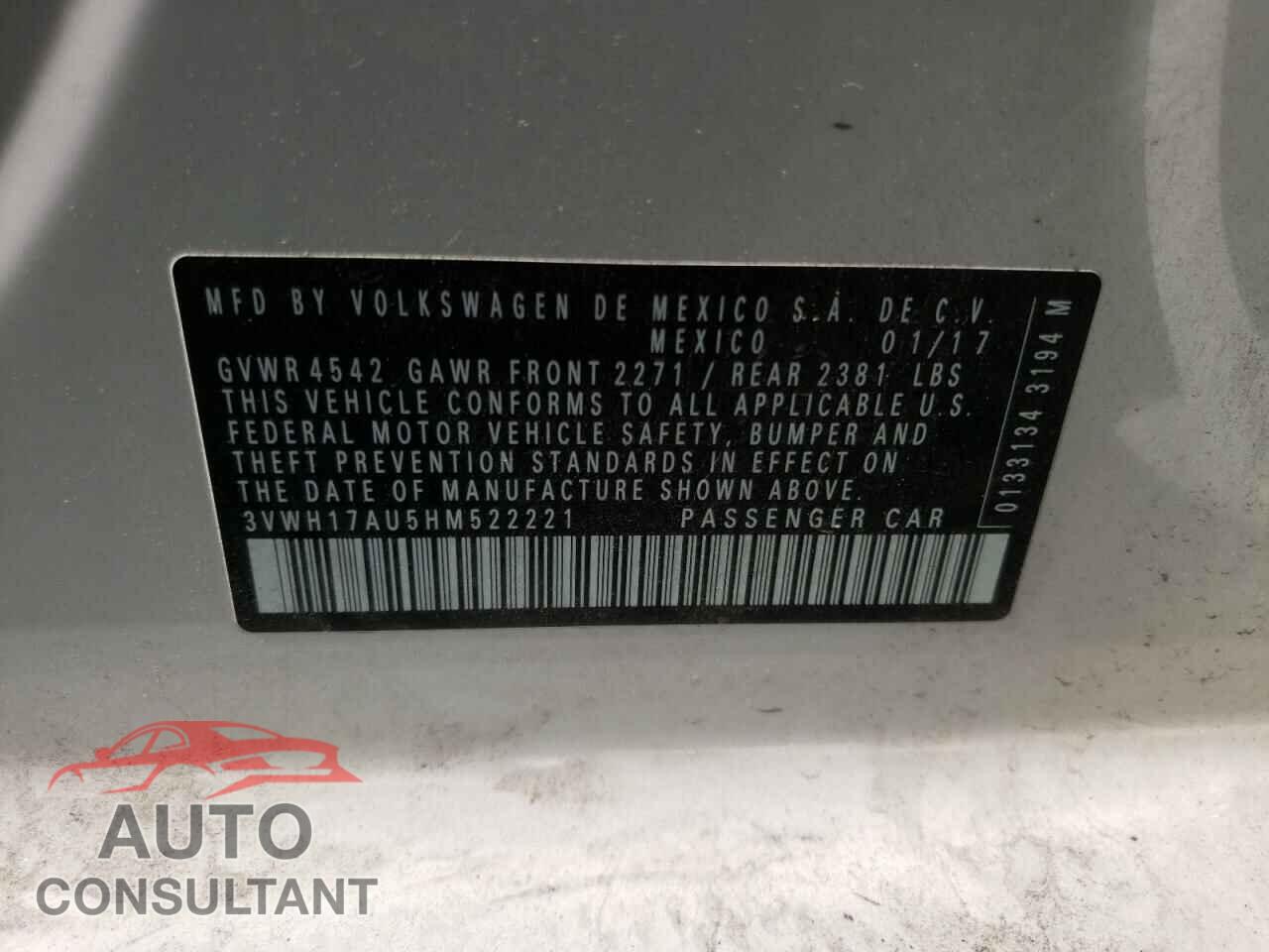 VOLKSWAGEN GOLF 2017 - 3VWH17AU5HM522221