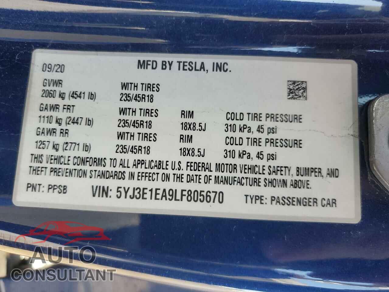 TESLA MODEL 3 2020 - 5YJ3E1EA9LF805670