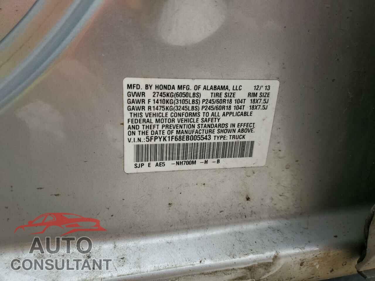 HONDA RIDGELINE 2014 - 5FPYK1F68EB005543