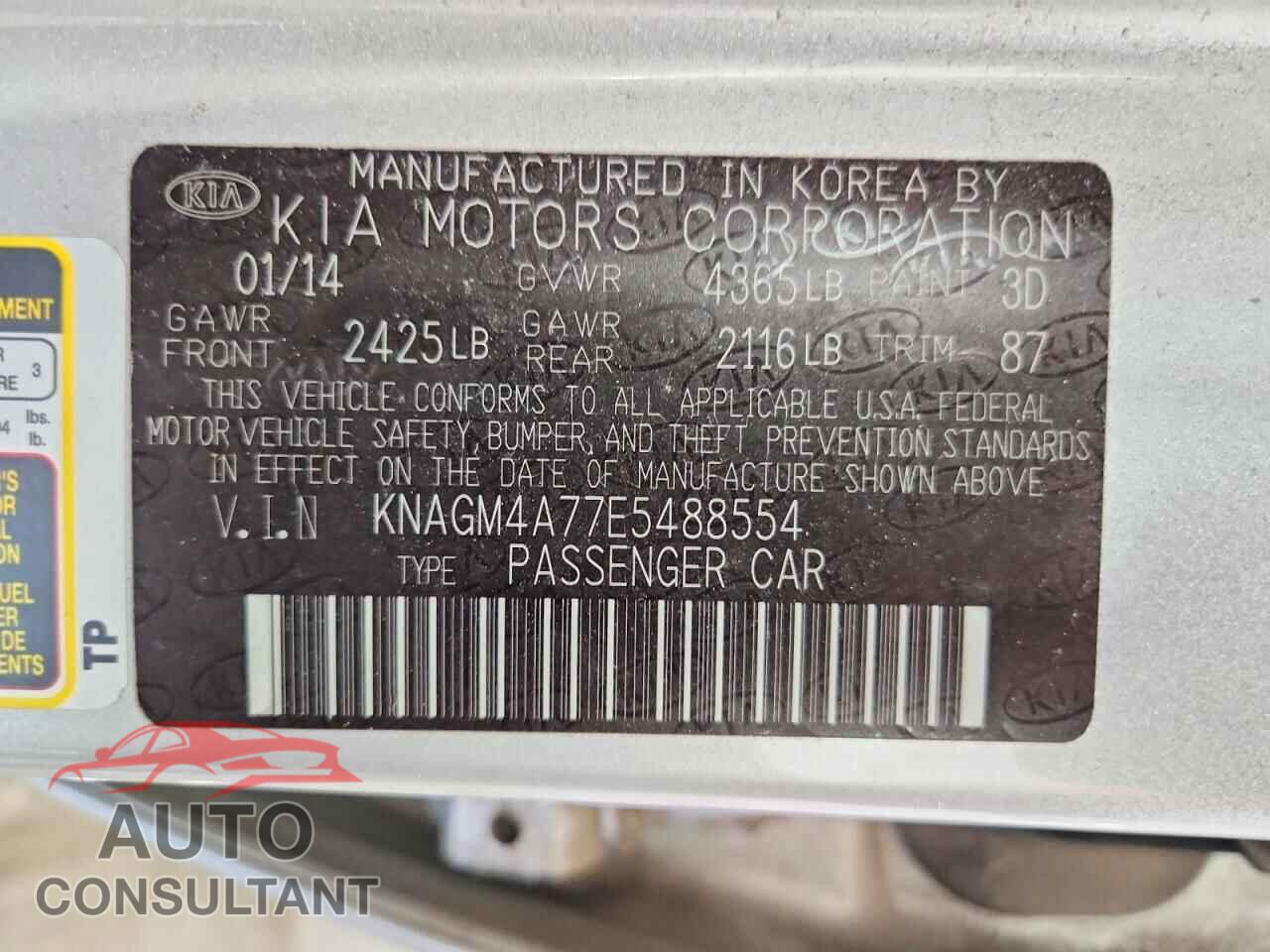 KIA OPTIMA 2014 - KNAGM4A77E5488554