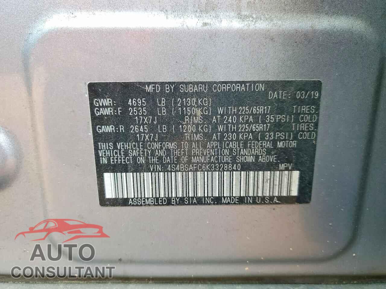 SUBARU OUTBACK 2019 - 4S4BSAFC6K3328840