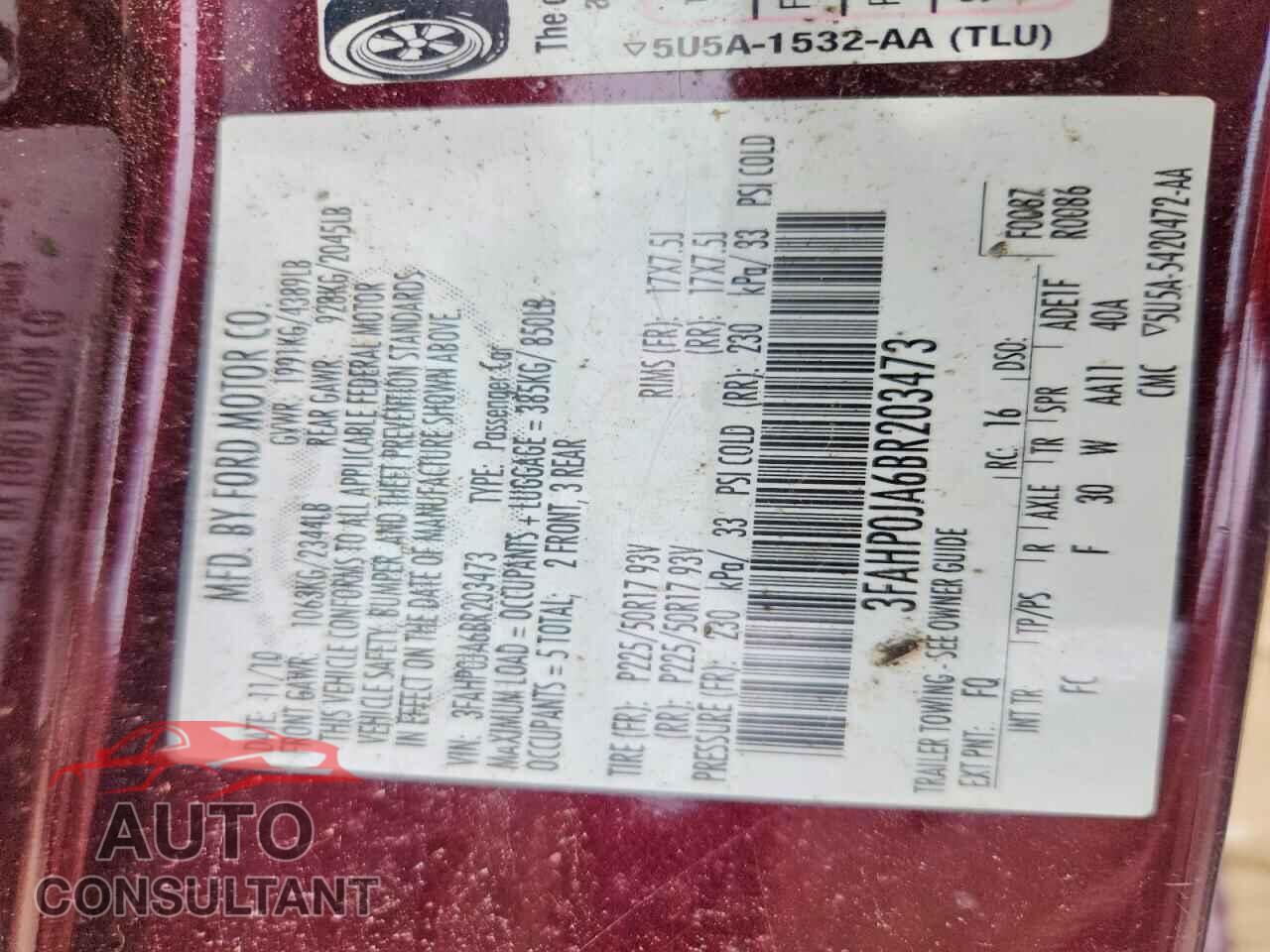 FORD FUSION 2011 - 3FAHP0JA6BR203473