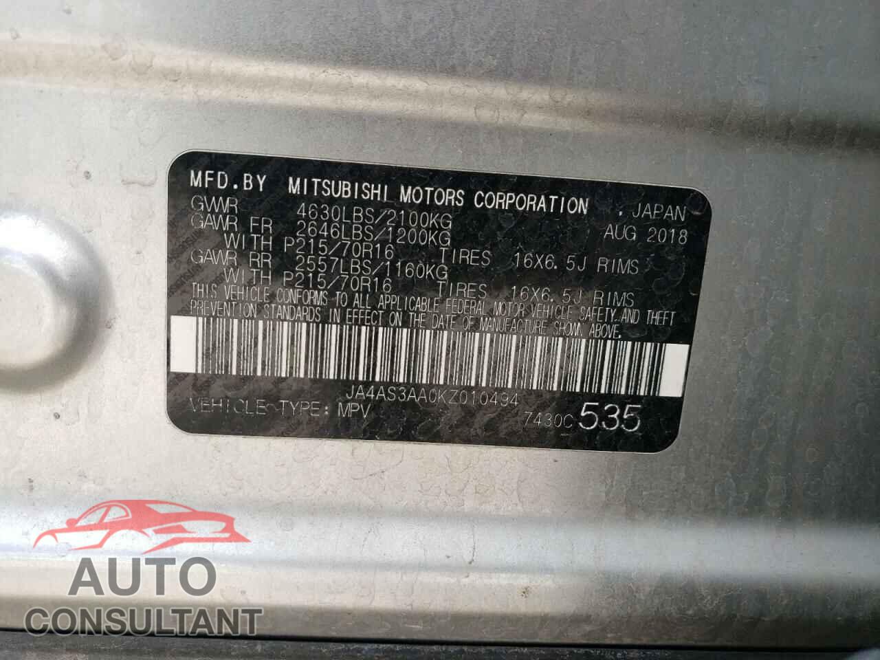 MITSUBISHI ECLIPSE 2019 - JA4AS3AA0KZ010494
