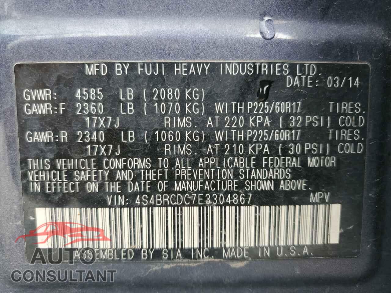SUBARU OUTBACK 2014 - 4S4BRCDC7E3304867