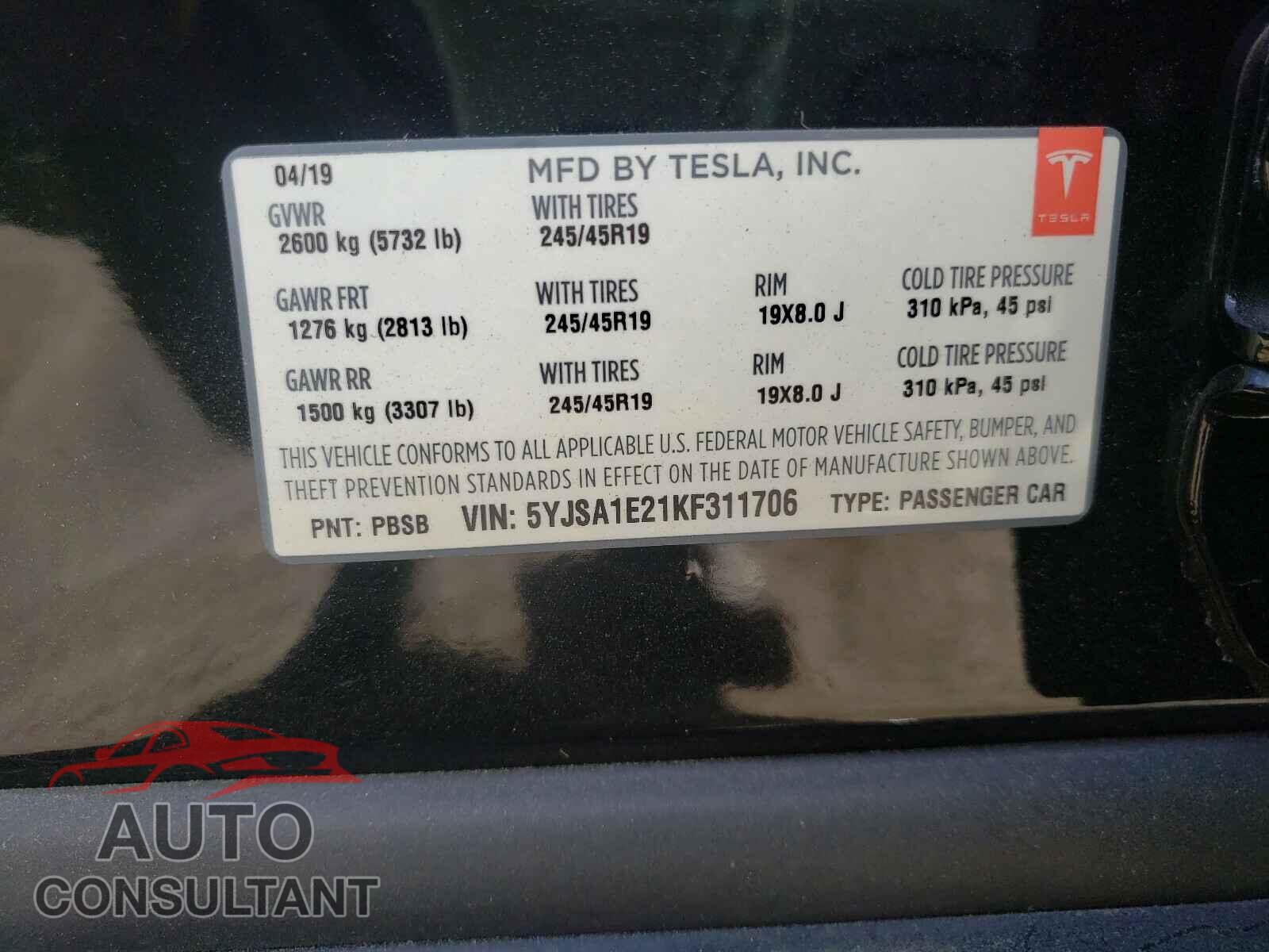 TESLA MODEL S 2019 - 5YJSA1E21KF311706