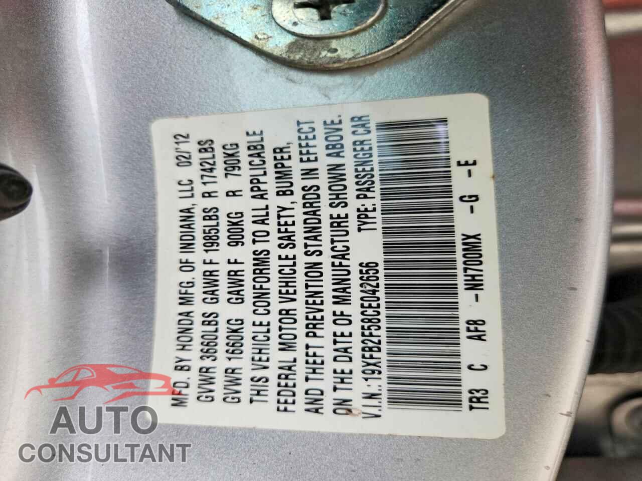 HONDA CIVIC 2012 - 19XFB2F58CE042656