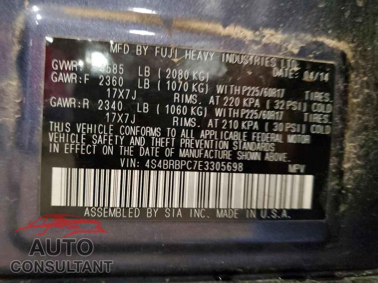 SUBARU OUTBACK 2014 - 4S4BRBPC7E3305698