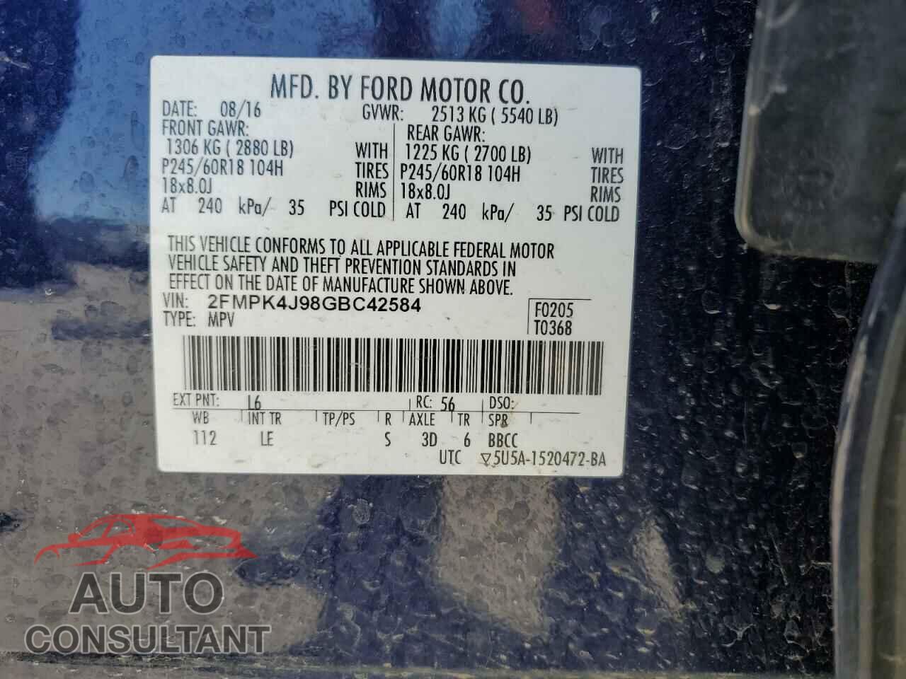 FORD EDGE 2016 - 2FMPK4J98GBC42584