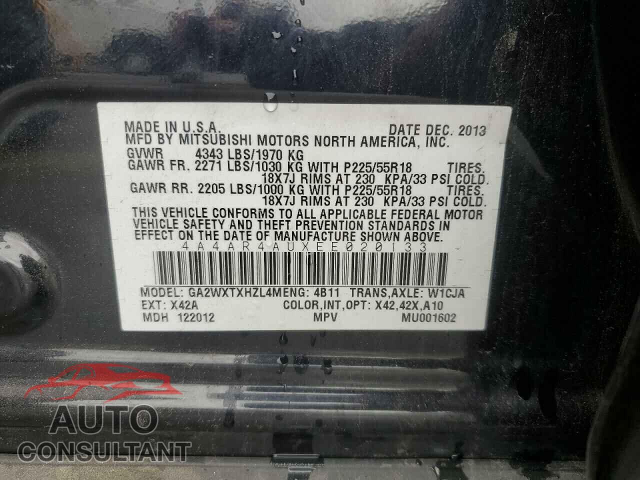 MITSUBISHI OUTLANDER 2014 - 4A4AR4AUXEE020133