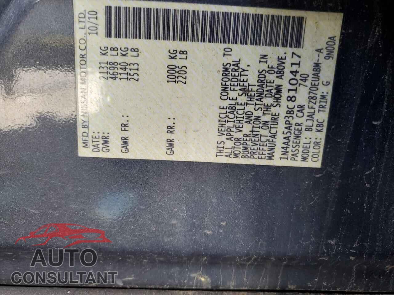 NISSAN MAXIMA 2011 - 1N4AA5AP3BC810417