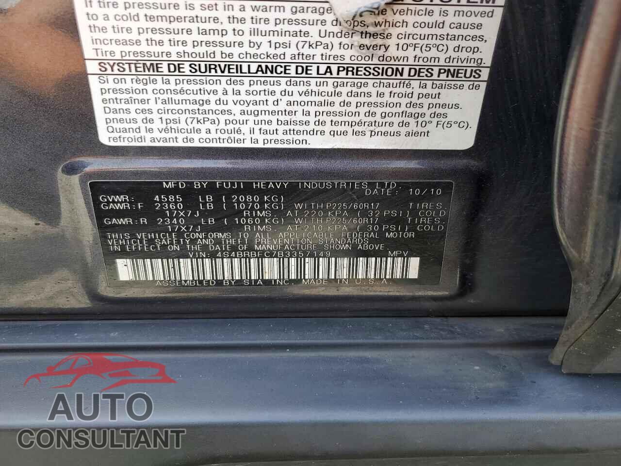 SUBARU OUTBACK 2011 - 4S4BRBFC7B3357149