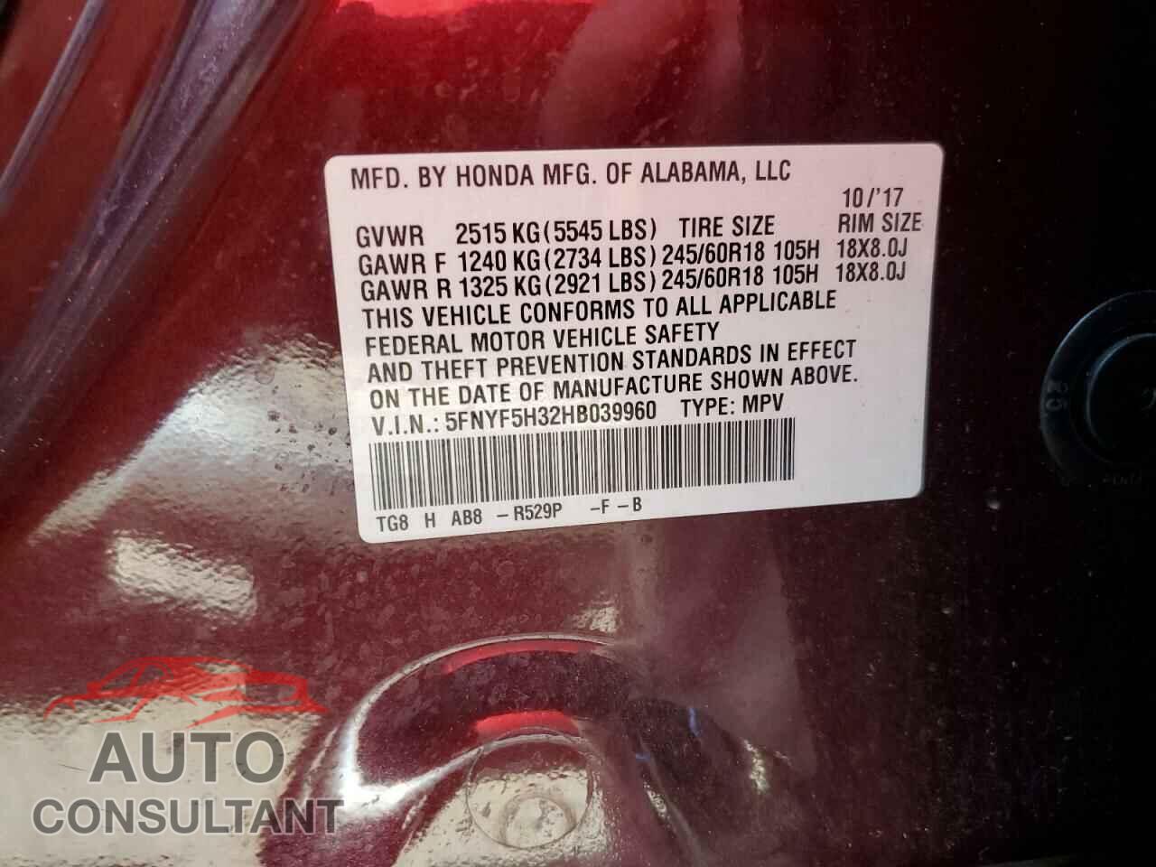 HONDA PILOT 2017 - 5FNYF5H32HB039960