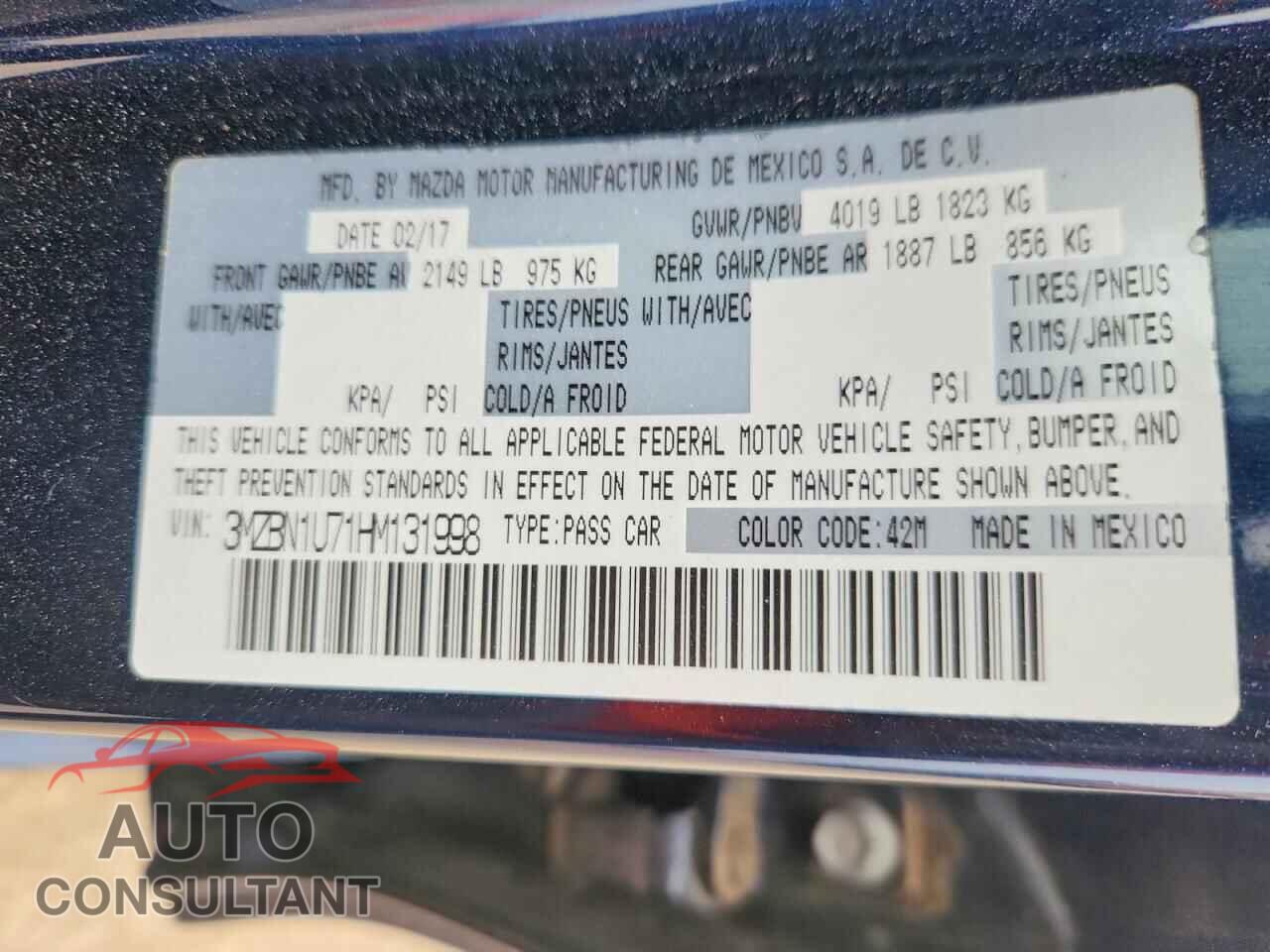 MAZDA 3 2017 - 3MZBN1U71HM131998