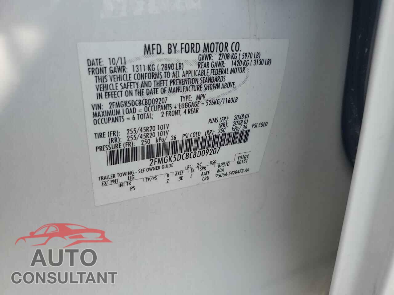 FORD FLEX 2012 - 2FMGK5DC8CBD09207