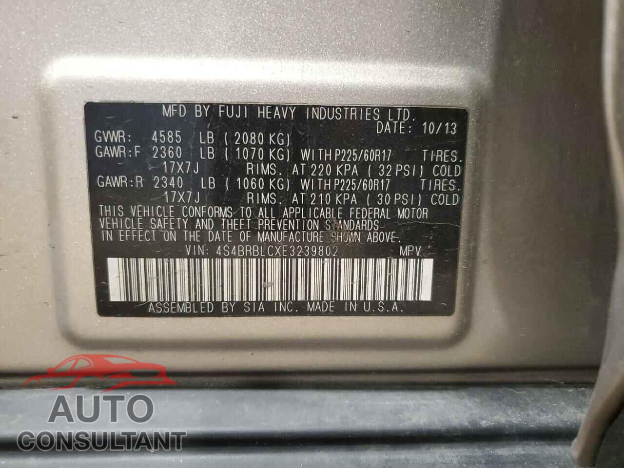 SUBARU OUTBACK 2014 - 4S4BRBLCXE3239802