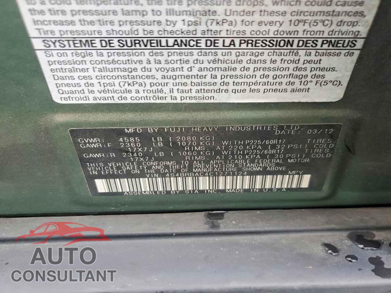 SUBARU OUTBACK 2012 - 4S4BRBAC4C1271124