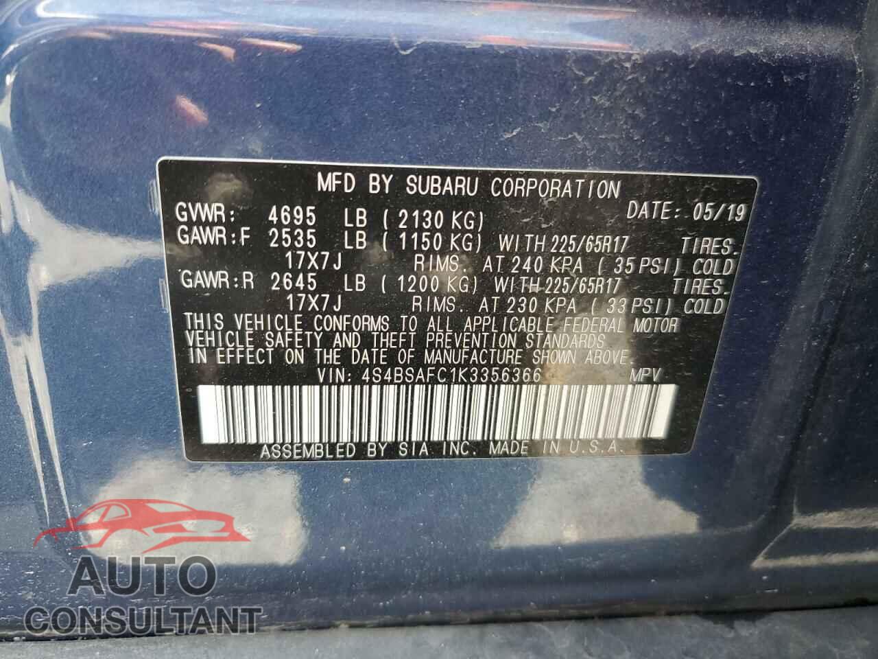 SUBARU OUTBACK 2019 - 4S4BSAFC1K3356366