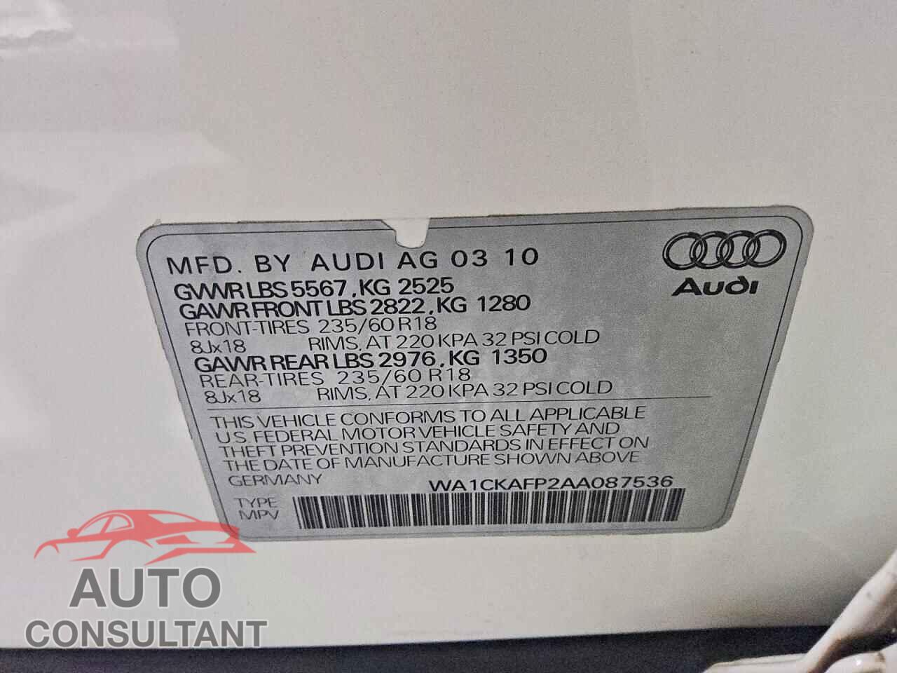 AUDI Q5 2010 - WA1CKAFP2AA087536