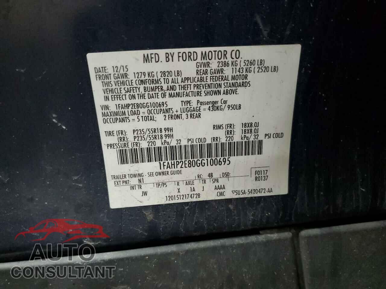 FORD TAURUS 2016 - 1FAHP2E80GG100695