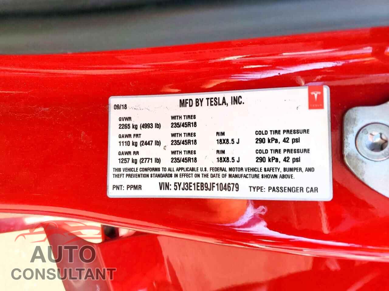 TESLA MODEL 3 2018 - 5YJ3E1EB9JF104679