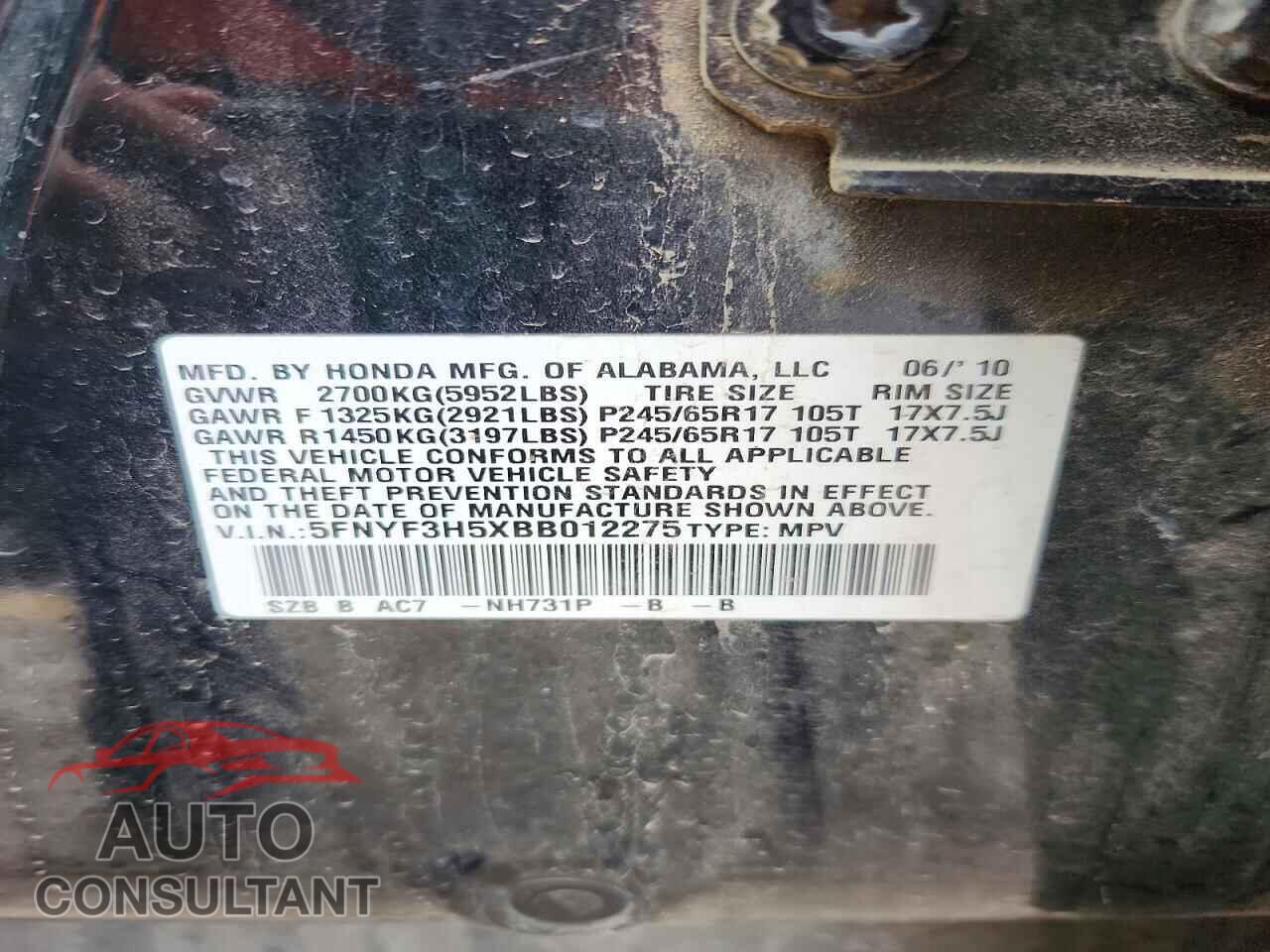 HONDA PILOT 2011 - 5FNYF3H5XBB012275