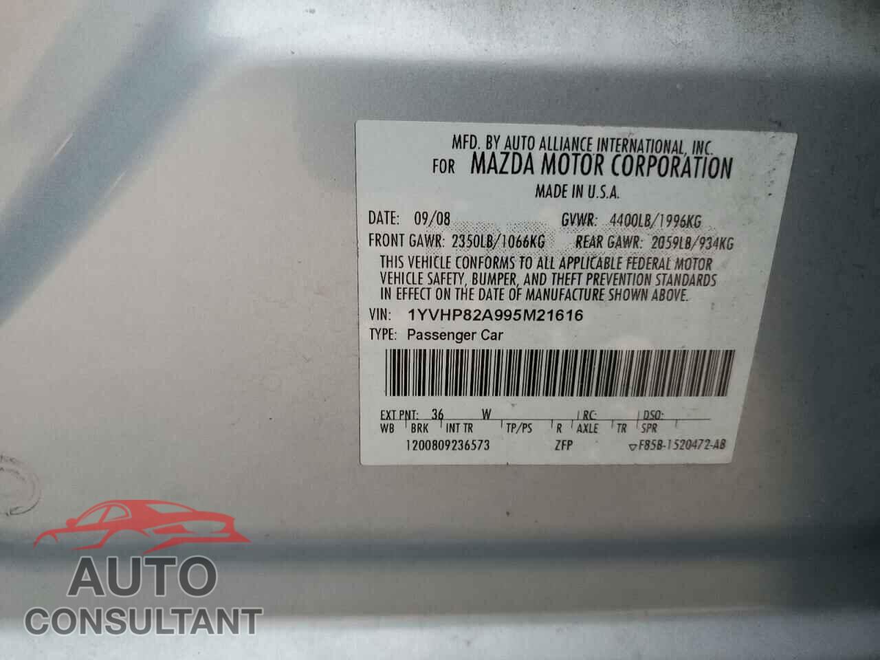 MAZDA 6 2009 - 1YVHP82A995M21616