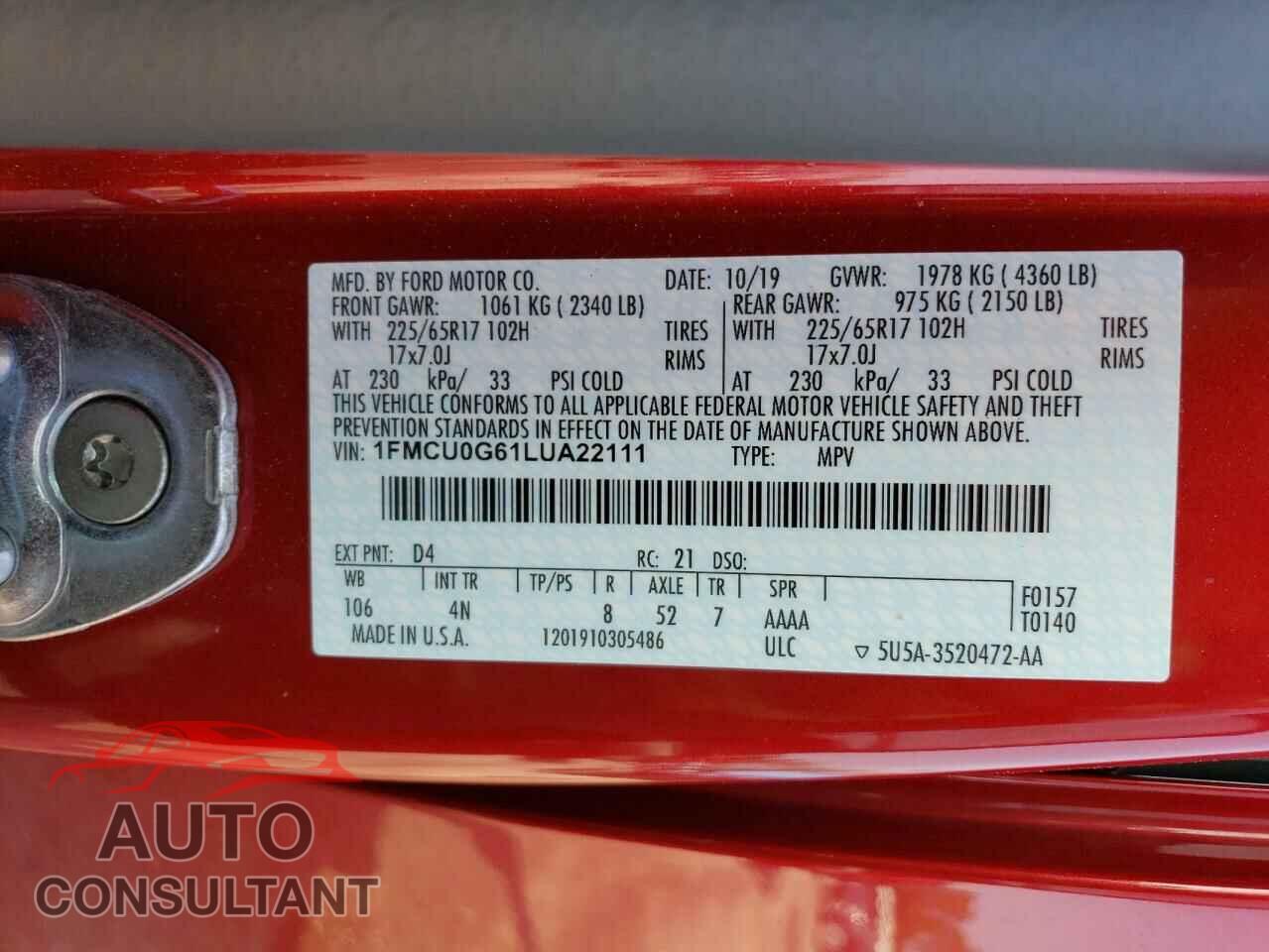 FORD ESCAPE 2020 - 1FMCU0G61LUA22111