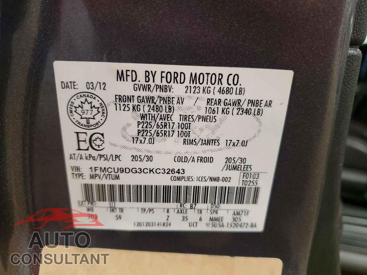 FORD ESCAPE 2012 - 1FMCU9DG3CKC32643