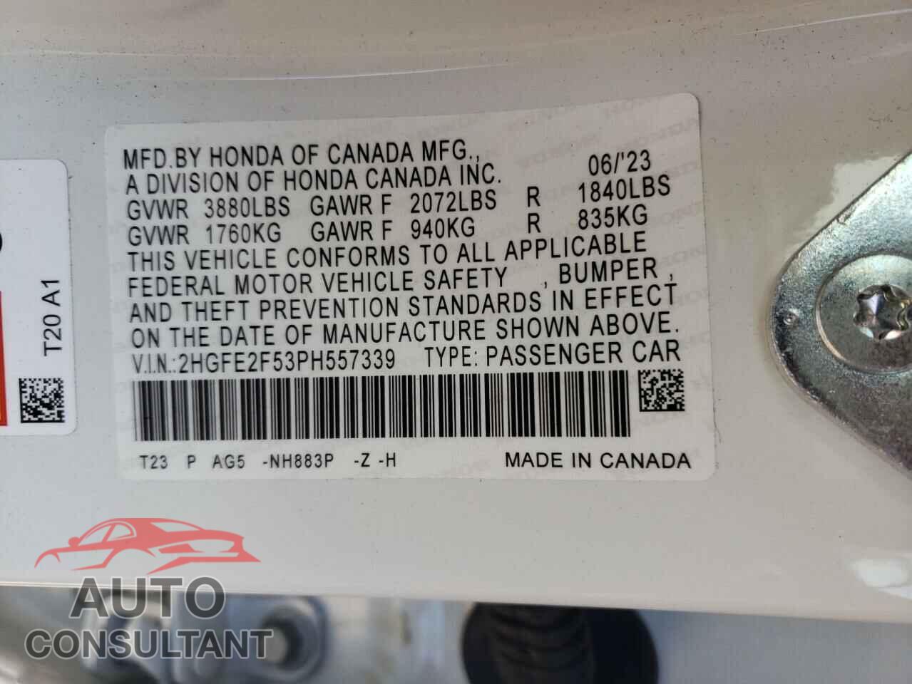 HONDA CIVIC 2023 - 2HGFE2F53PH557339