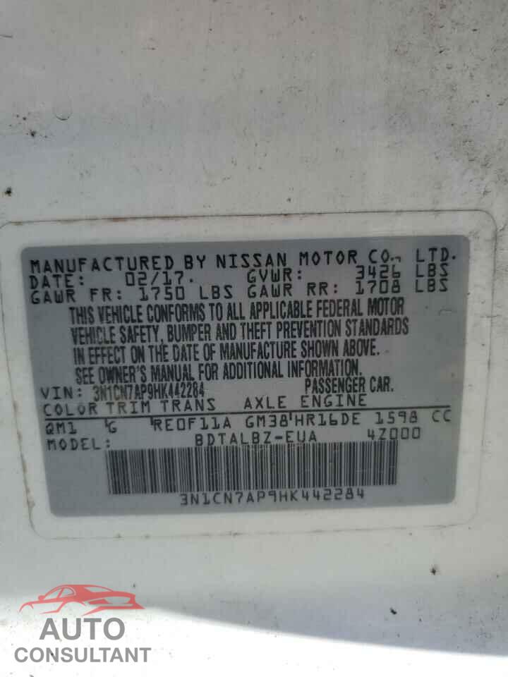 NISSAN VERSA 2017 - 3N1CN7AP9HK442284