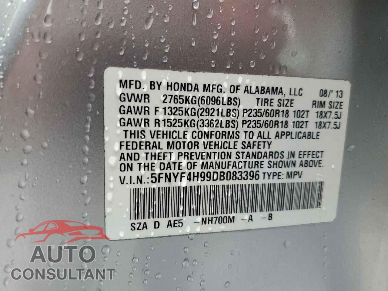 HONDA PILOT 2013 - 5FNYF4H99DB083396