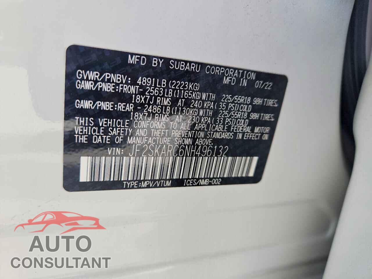 SUBARU FORESTER 2022 - JF2SKARC6NH496132