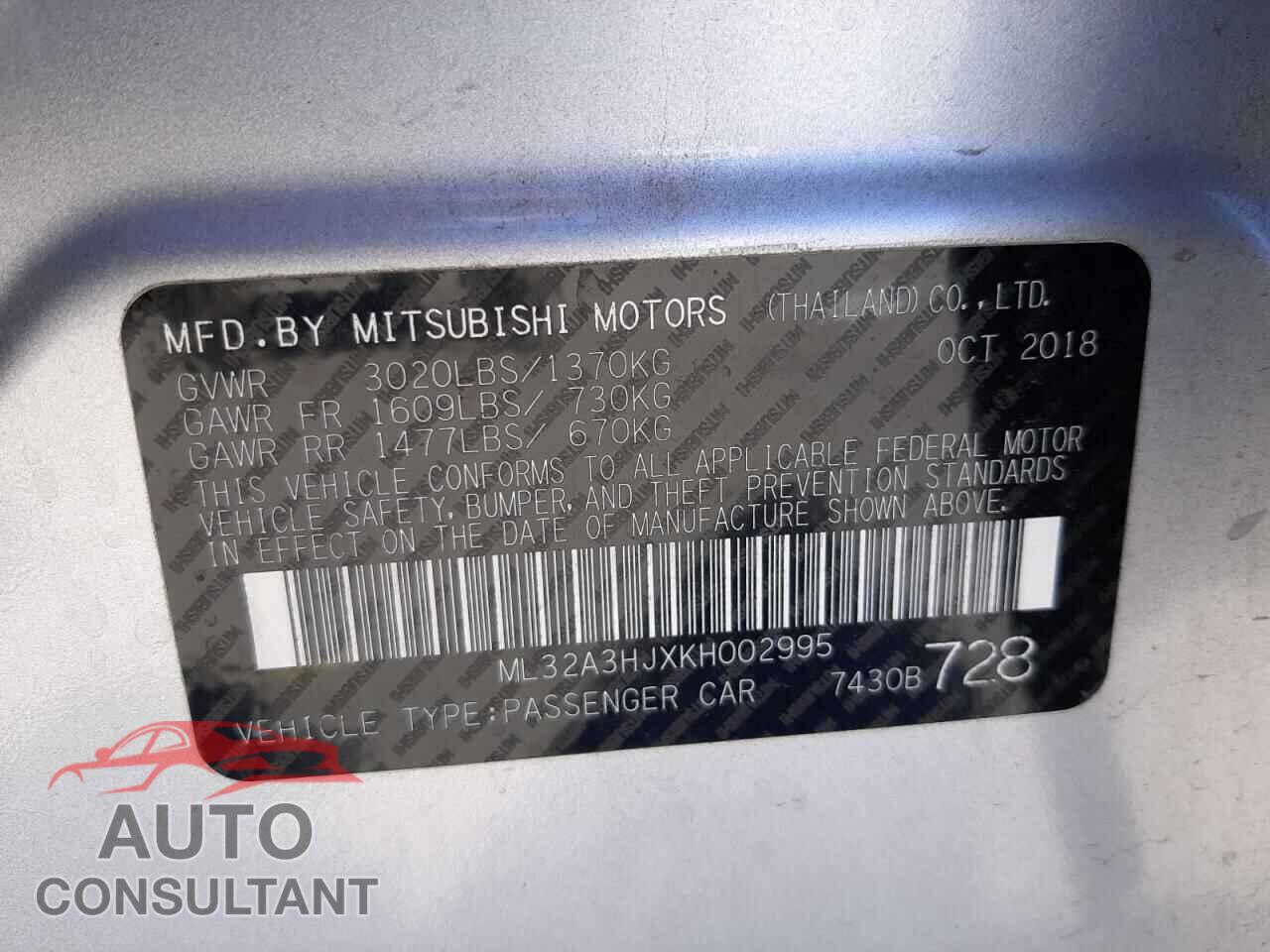 MITSUBISHI MIRAGE 2019 - ML32A3HJXKH002995