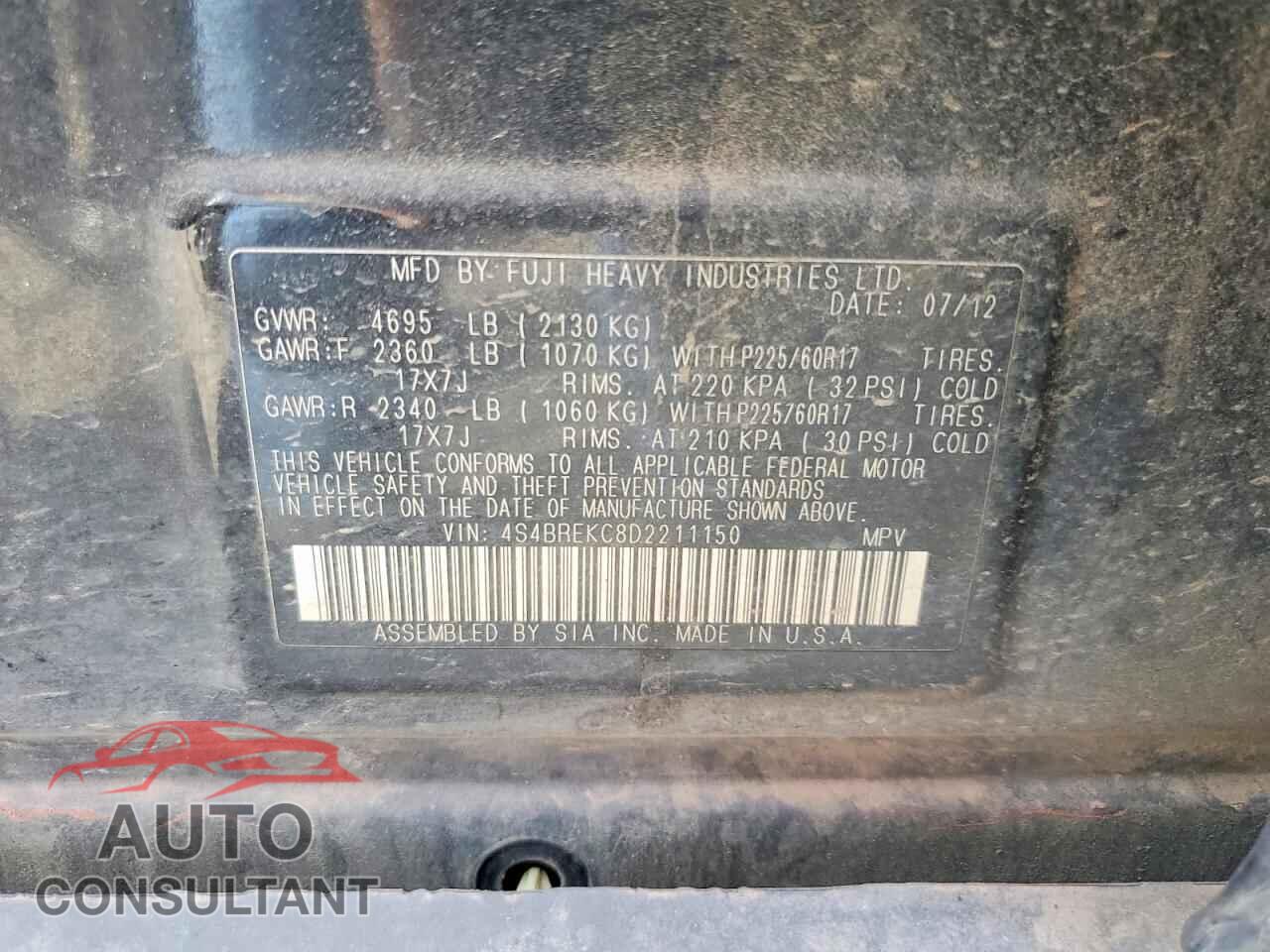 SUBARU OUTBACK 2013 - 4S4BREKC8D2211150