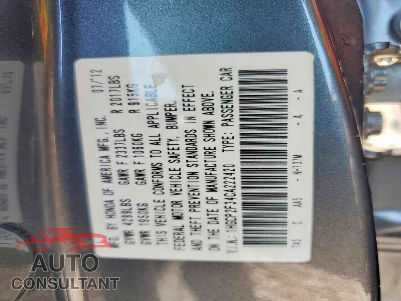 HONDA ACCORD 2012 - 1HGCP2F34CA222420