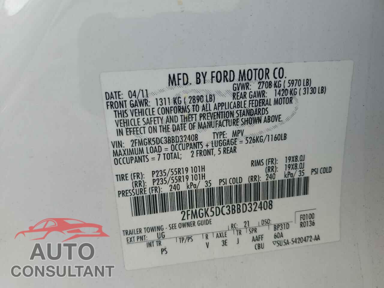 FORD FLEX 2011 - 2FMGK5DC3BBD32408