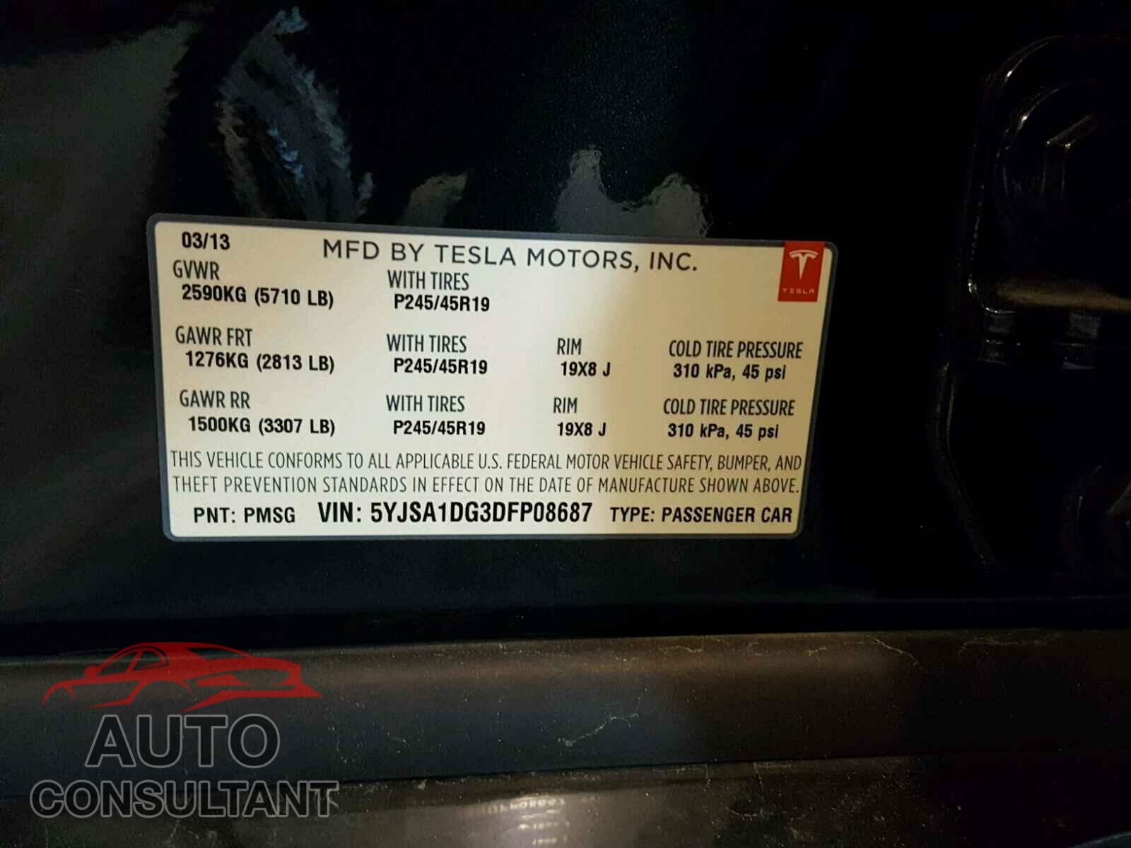TESLA MODEL S 2013 - 5YJSA1DG3DFP08687