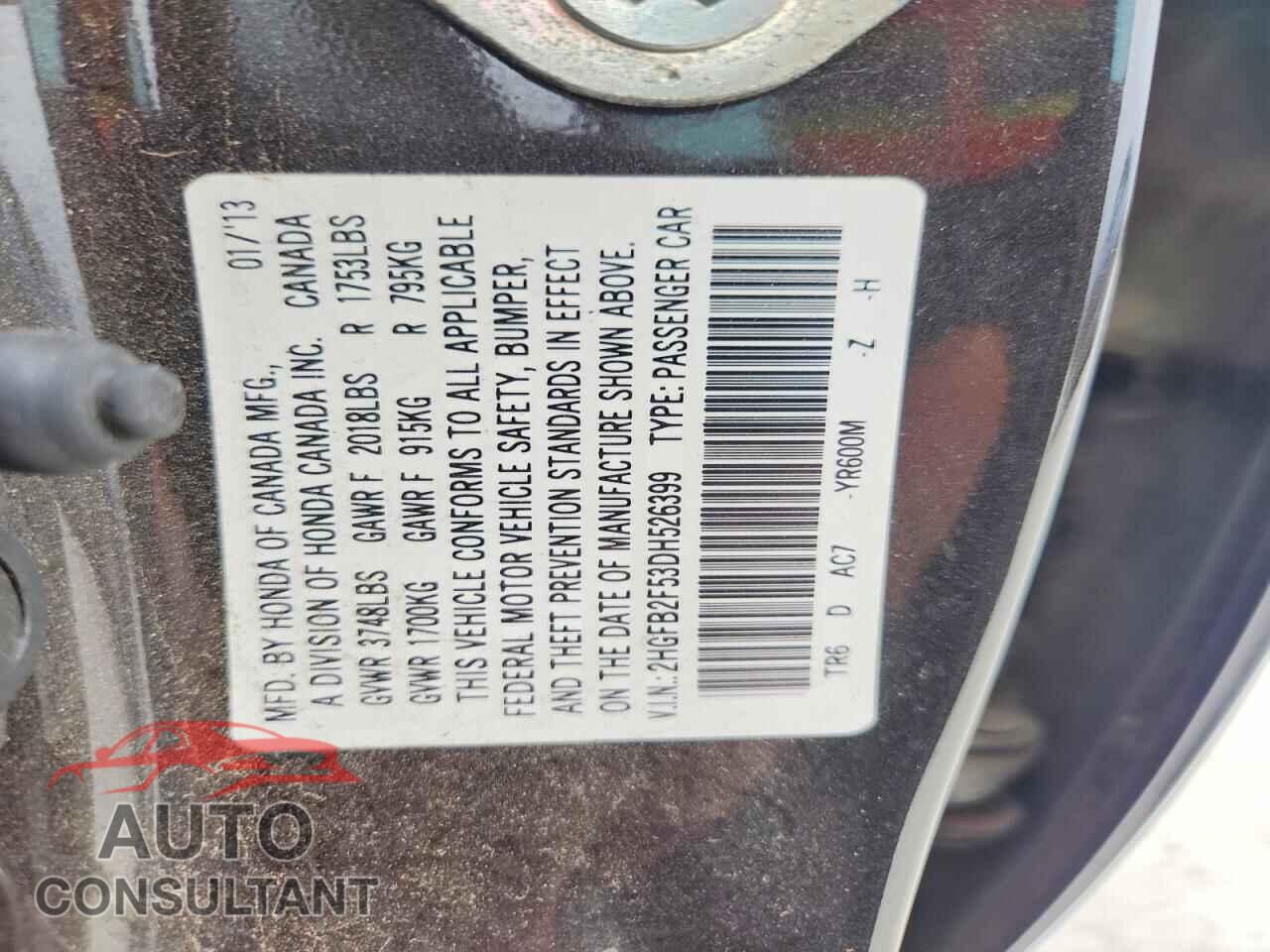 HONDA CIVIC 2013 - 2HGFB2F53DH526399